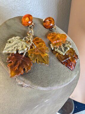 Vintage Hong Kong Amber Lucite Leaf Clip-On Earrings